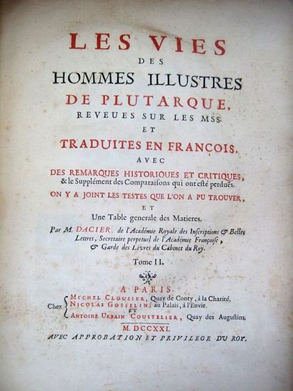 null PLUTARQUE & DACIER (André, trad.). Les vies des hommes illustres de Plutarque...