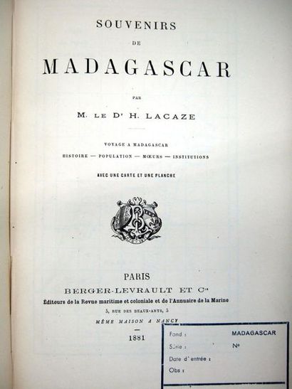 null LACAZE (Honoré). Souvenirs de Madagascar, voyage à Madagascar, histoire, population,...