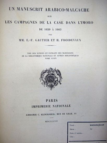 null GAUTIER (Émile-Félix) & FROIDEVAUX (Henri). Un manuscrit Arabico-Malgache sur...
