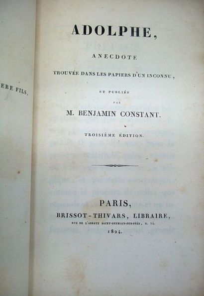 null CONSTANT (Benjamin). Adolphe. Paris, Brissot-Thivars, 1824. In-12, xvii, 239...