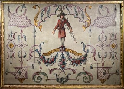 null Toile peinte décorative XVIIIème siècle à décor d'un personnage (accidents)....
