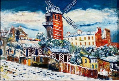 null MACLET Elisée (1881-1962) Moulin de la Galette sous la neige - Huile sur panneau...