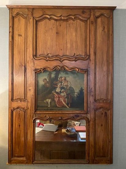 null Trumeau XVIIIème à décor peint de scène galante, cadre en bois naturel mouluré...