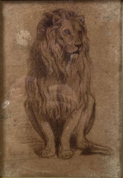 null "Lion assis" 
dessin monogrammé en bas à droite PF. 
22,5 x 16 cm