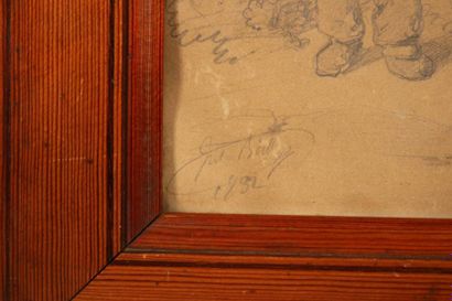 120 BOILLY Jules (1796-1874) "Scène de vie -hommes et ânes" dessin au crayon signé...