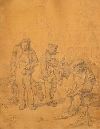 120 BOILLY Jules (1796-1874) "Scène de vie -hommes et ânes" dessin au crayon signé...