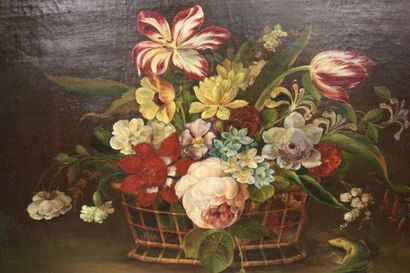 null Ecole Hollandaise du XIXe, Nature morte au bouquet de fleurs et lézard, huile...