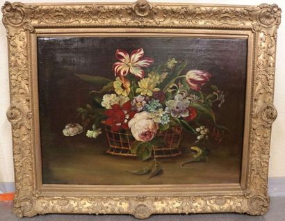 null Ecole Hollandaise du XIXe, Nature morte au bouquet de fleurs et lézard, huile...