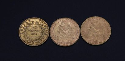 null Trois pièces de 20 Fr 1858 / 1907 / 1912 - 19,32 g 