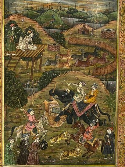 null Grande miniature indienne sous plexi, Scènes de vie et de chasses - 56,5 x 29,5...