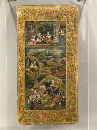 null Grande miniature indienne sous plexi, Scènes de vie et de chasses - 56,5 x 29,5...