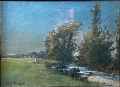 null CABIÉ Louis (1854-1939) "Pêcheur en bord de rivière" 
aquarelle et gouache signée...