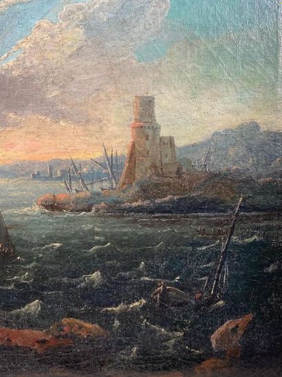 null Ecole Française XVIIIème siècle, "Bord de mer" 
huile sur toile 
80 x 108,5...