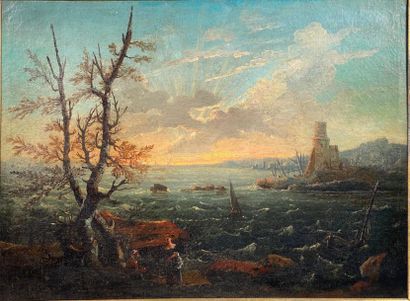 null Ecole Française XVIIIème siècle, "Bord de mer" 
huile sur toile 
80 x 108,5...