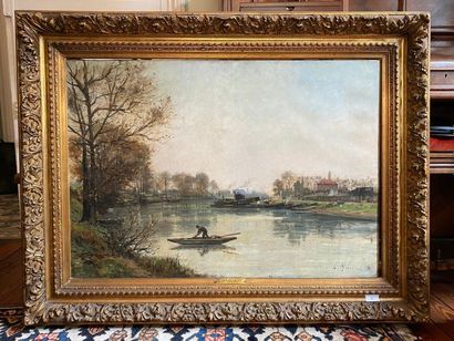 null MASCART Gustave (1834-1914) "Barque sur une riviére" huile sur toile signée...
