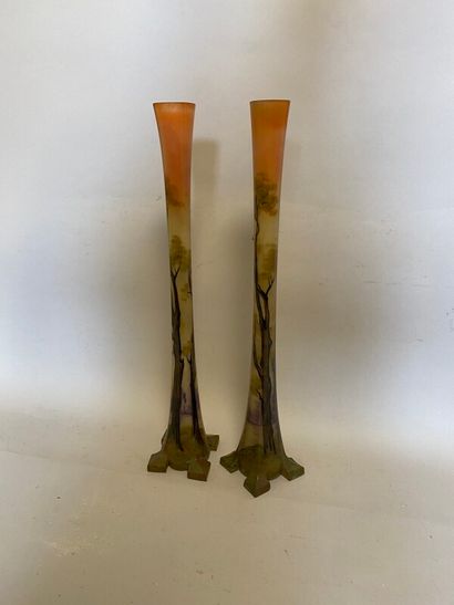 null LEUNE, paire de vases soliflore en verre à décor floral, H. 50 cm