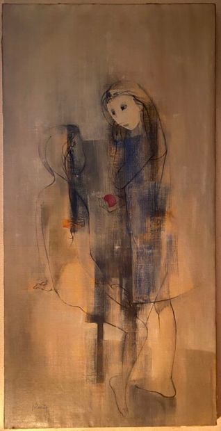 null BOUILLY René (1921-2019) Les petites filles à la balle rouge, huile sur toile...