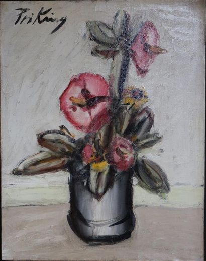 null PRIKING Franz (1929-1979) Nature morte au bouquet de fleurs, huile sur papier...