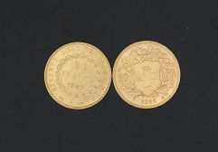 null Deux pièces en or jaune : 20 Francs FR 1887 et 20 Francs suisse 1980 - 12.8...