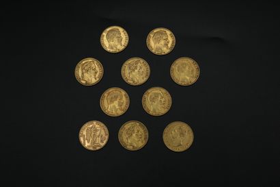 null Dix pièces en or jaune de 20 francs 1854 / 1857 x 2 / 1858 / 1864 / 1869 / 1870...