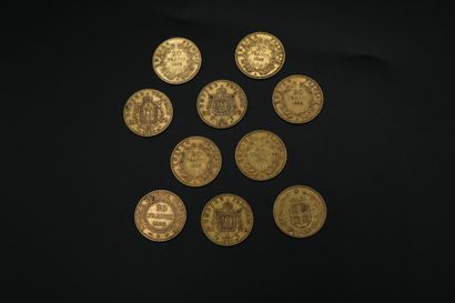 null Dix pièces en or jaune de 20 francs 1854 / 1857 x 2 / 1858 / 1864 / 1869 / 1870...