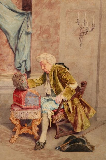 null SIGNORINI Giuseppe (1857-1932) Homme assis devant un coffre - Aquarelle signée...