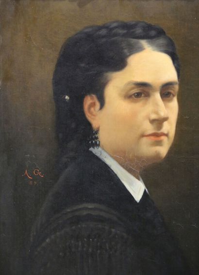 null Ec. Française fin XIXe - Portrait de femme à la robe noire - huile sur toile...