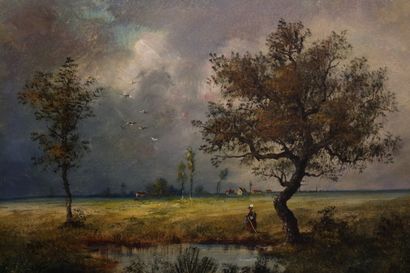 null GOURDON R. (XIX) Paysage à la mare animé - huile sur toile signée en bas à droite...