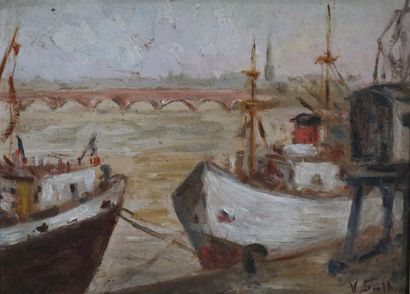 null Les quais de Bordeaux au Pont de Pierre, huile sur panneau signée en bas à droite....
