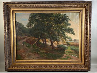 null DULUC Noëly (1864-1952) "Paysage au chasseur" huile sur toile signée en bas...