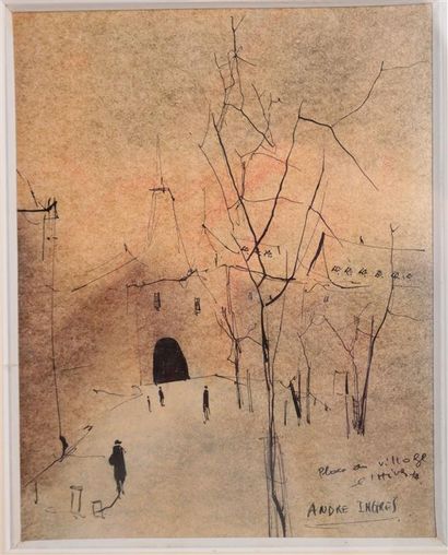 null INGRES André (1938), Place du village l'hiver, dessin à l'encre, signée et titrée...
