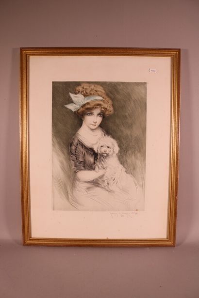 null Maurice MILLIERE (1871-1946) Estampe en couleurs "Femme au caniche" signée en...