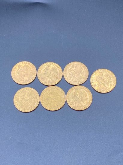 null Sept pièces de 20 frs or au coq : 1905 (x3) - 1908 (x2) - 1911 - 1913. 45,17...