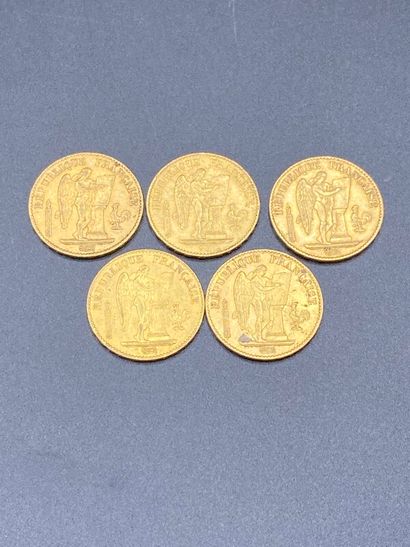 null Cinq pièces de 20 frs or Génie : 1875 A (x3) - 1877 A (x3). 32,25 g