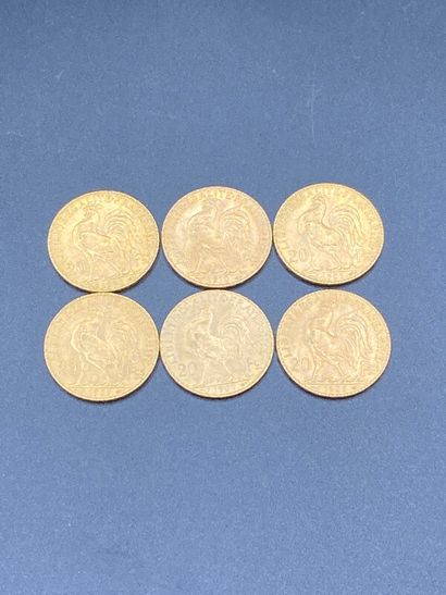 null Six pièces de 20 frs or au coq 1909 (x5) / 1910. 38,73 g