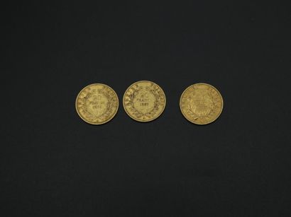 null Trois pièces en or jaune de 20 francs Napoléon III tête nue - 1856 x 2 et 1857...