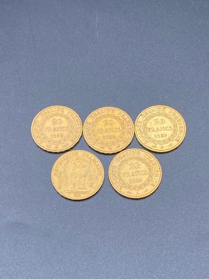null Cinq pièces de 20 frs or Génie : 1895 A (x1) / 1896 A (x1) / 1897 A (x2) / 1898...