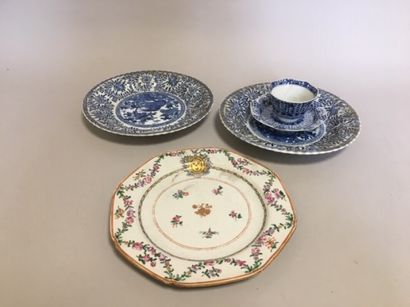 null Set including three plates and a cup with its saucer - (crack on the cup)