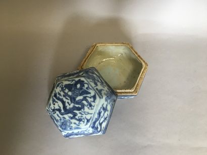 null Boite en porcelaine hexagonale à décor blanc bleu de dragons H. 13 cm - L. 15...