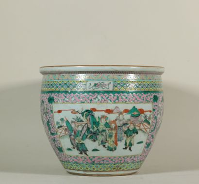 null Porcelain fish tank decorated with warriors, villages on a floral background,...