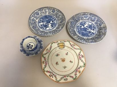 null Set including three plates and a cup with its saucer - (crack on the cup)