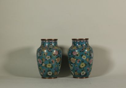 null Paire de vases balustres en bronze cloisonné à décor floral sur fond bleu. H....