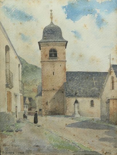null BAC A. "Paysages et vue de Village" six aquarelles dans un cadre demi-jonc doré...