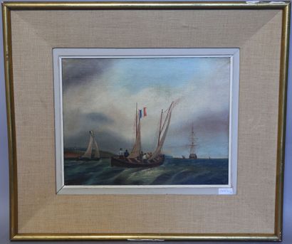 null "Marine, bateau à voiles françaises" huile sur toile XIXe - 26 x 33,5 cm - cadre...