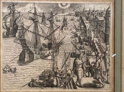 null DE BRY Théodor (1528-1598) (attribué à) "Port de lisbonne" gravure 16,5 x 20...