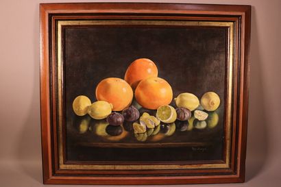 null BOURZEIX Maguy, "Pamplemousses et citrons" Huile sur toile signée en bas à droite...