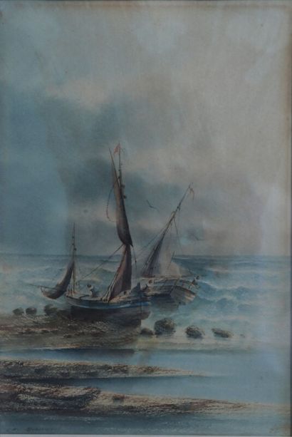 null BERNARD Ch. (XIX-XX), Deux voilliers en bord de plage, Aquarelle encadrée sous...
