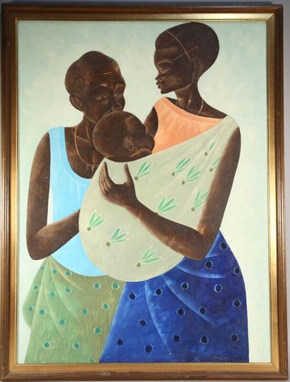null Maternité, huile sur toile signée en bas à droite et datée 70 - 75 x 100 cm