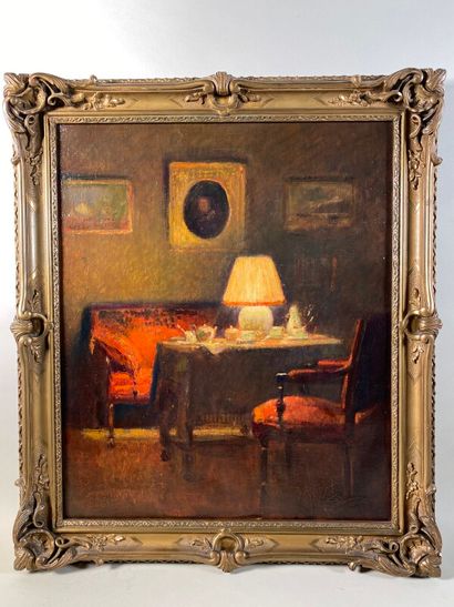 null CARME Félix (1863-1938) "Scène d'intérieur à la lampe" huile sur toile signée...