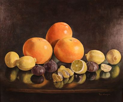 null BOURZEIX Maguy, "Pamplemousses et citrons" Huile sur toile signée en bas à droite...